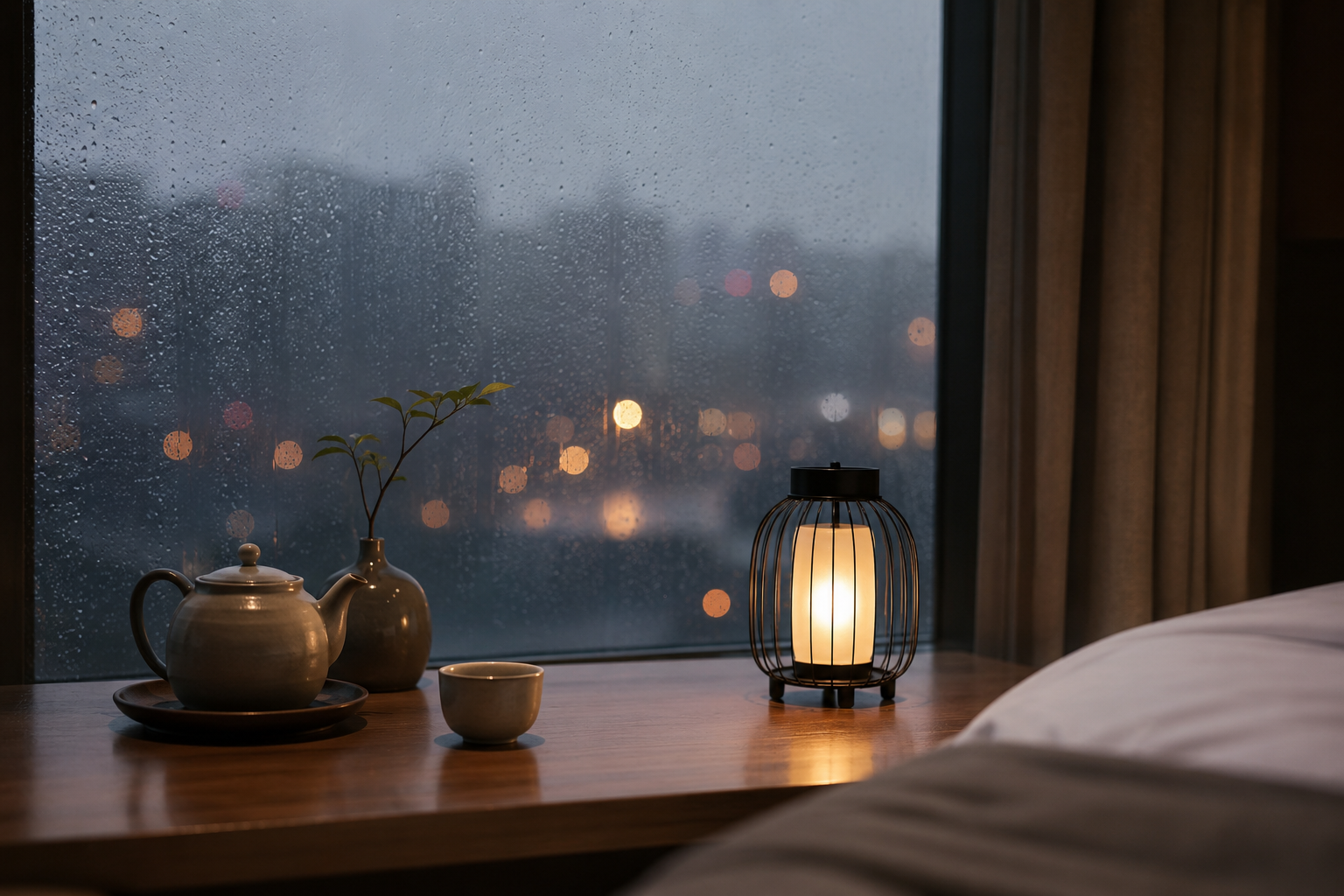 雨天城市窗景旁的茶壺與暖色燈光,呈現外送茶與定點茶安全討論的安靜氛圍