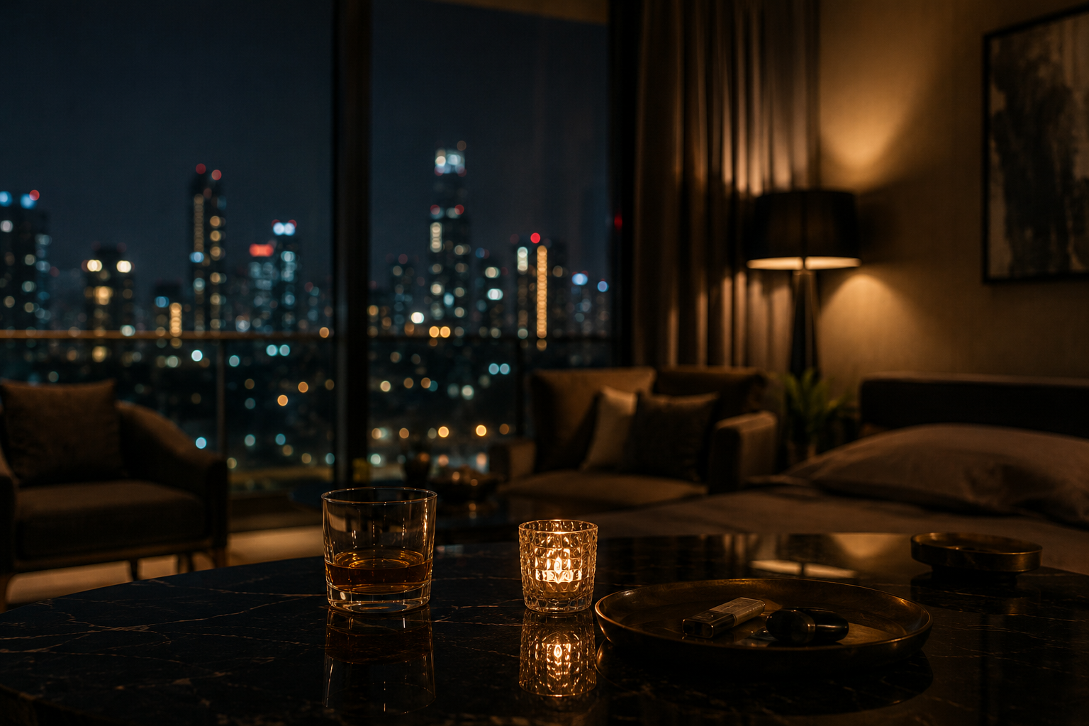 夜晚高樓公寓內有柔和燈光與城市夜景,呈現外送茶、定點茶與性產業政策議題文章所需的低調都市氛圍
