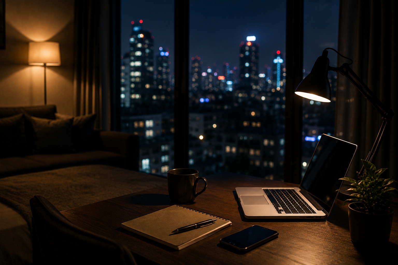 夜晚城市公寓內有柔和燈光、書桌與窗外都市夜景,呈現外送茶工作者面對匿名抹黑、公開爆料與網路風險時的低調氛圍