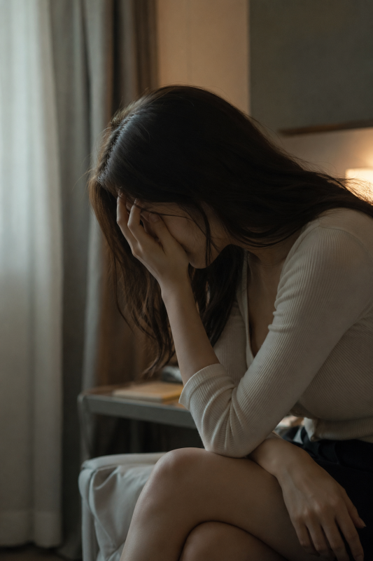 女性在昏暗室內低頭沉思,象徵進入外送茶與定點茶產業前面對的經濟壓力、照顧責任與風險判斷