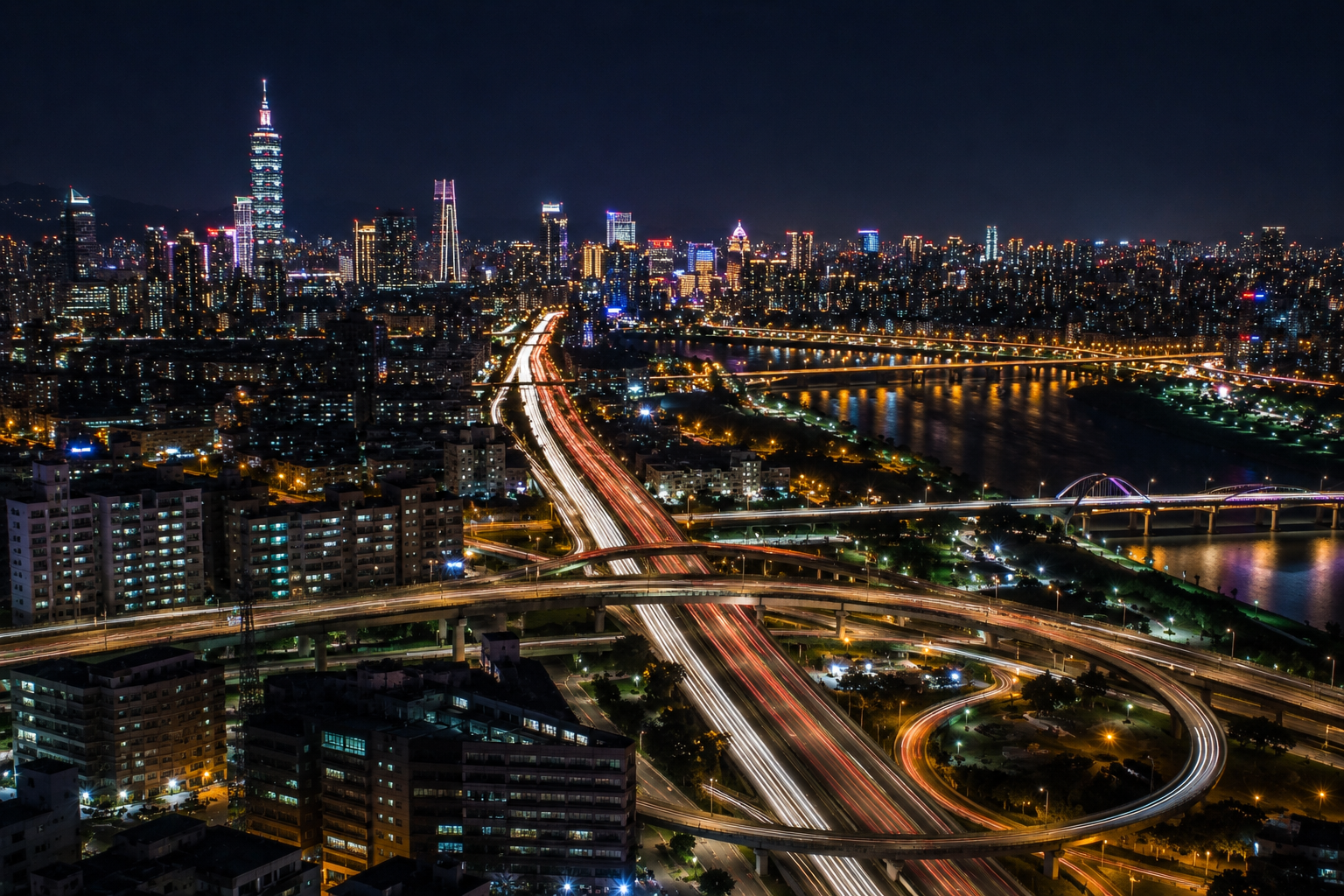 夜間城市高架道路、河岸燈光與車流夜景,呈現基隆仁愛、中正、信義、安樂、七堵、暖暖等生活圈外送茶與定點茶回程路線氛圍