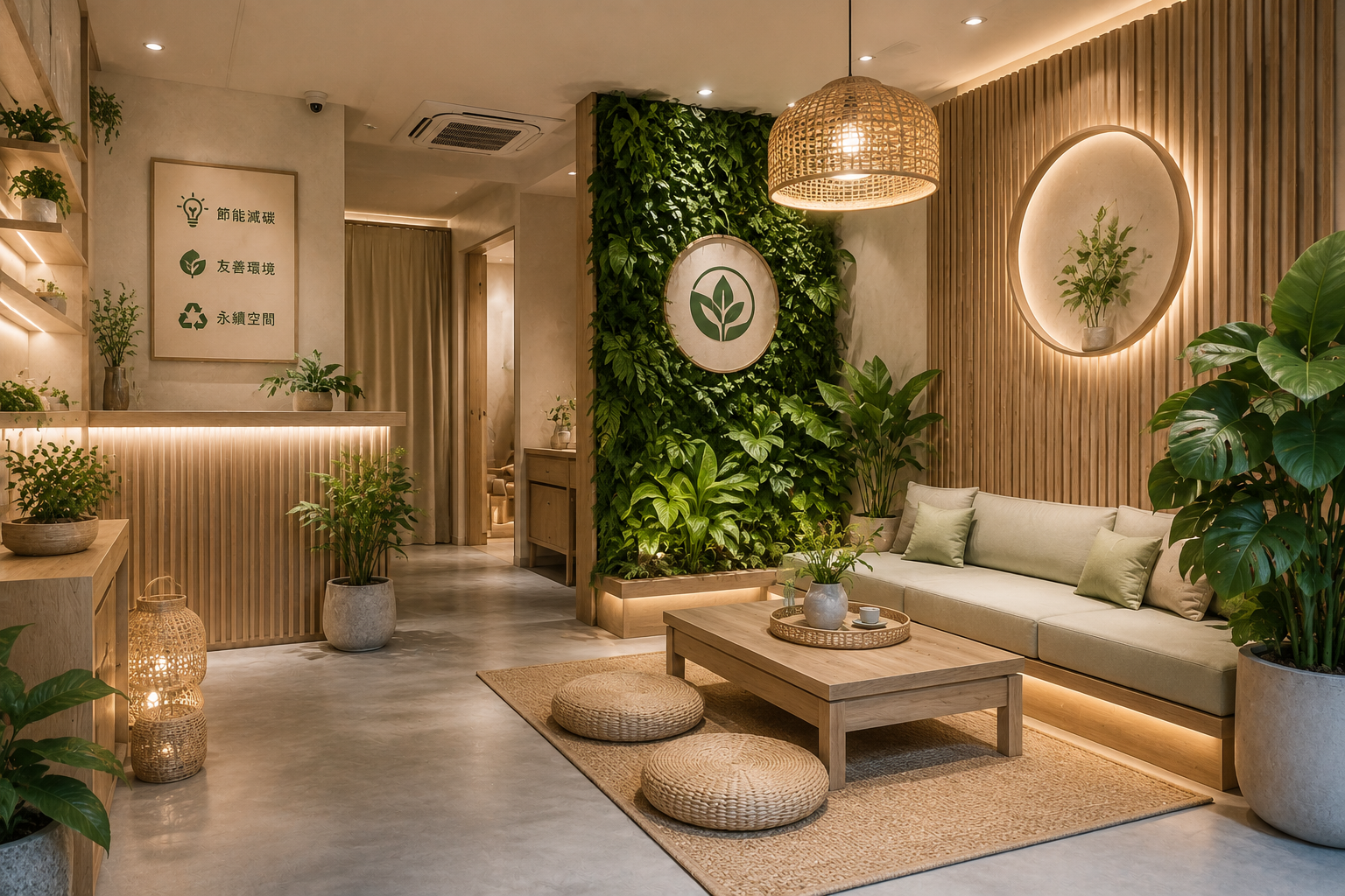 自然採光的現代茶房空間,使用木質家具、綠植牆、竹編燈具與低彩度裝潢,呈現定點茶裝設計中環境友善、舒適氛圍與永續空間規劃的趨勢。