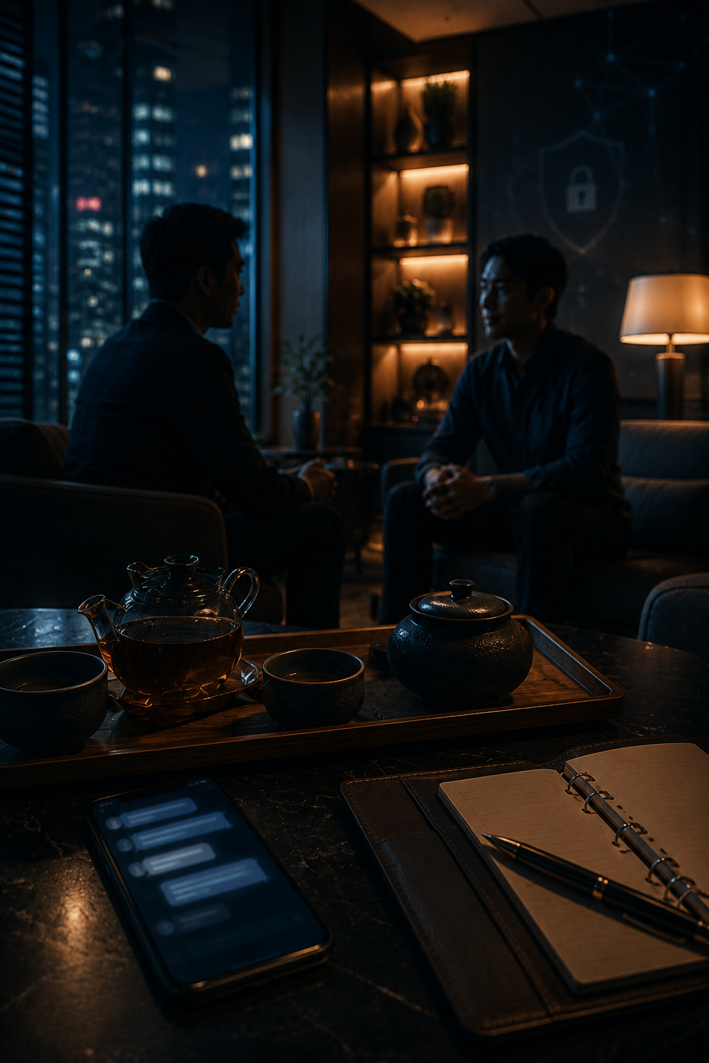 夜間室內客服與隱私保護意象,象徵定點茶與外送茶長期客戶關係中的信任、界線與服務穩定度