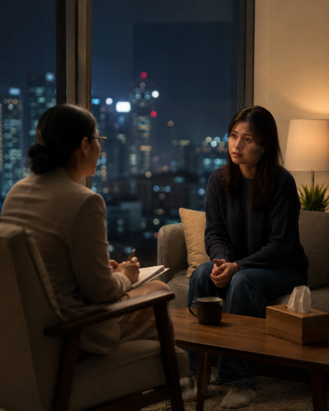 夜間室內諮詢場景中,工作者與協談人員面對面溝通,象徵定點茶與外送茶多元族群工作者在安全風險、隱私保護與求助支持上的需求