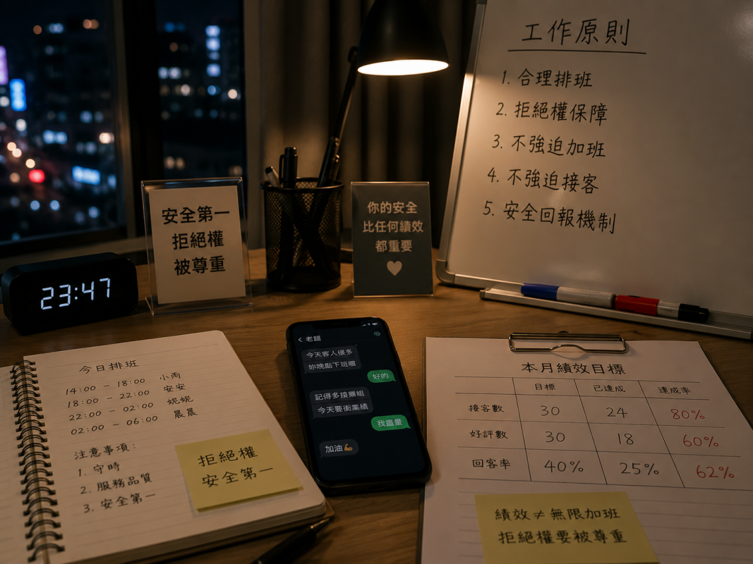 夜間工作桌面上有排班表、績效目標、手機訊息與安全提醒,象徵定點茶與外送茶場景中績效壓力、加班安排、拒絕權與勞動界線的討論
