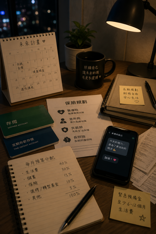 夜間桌面上有筆記本、保險文件、存款計畫、計算機與手機提醒,象徵定點茶與外送茶從業者面對收入波動、退休準備、健康保障與長期生活規劃