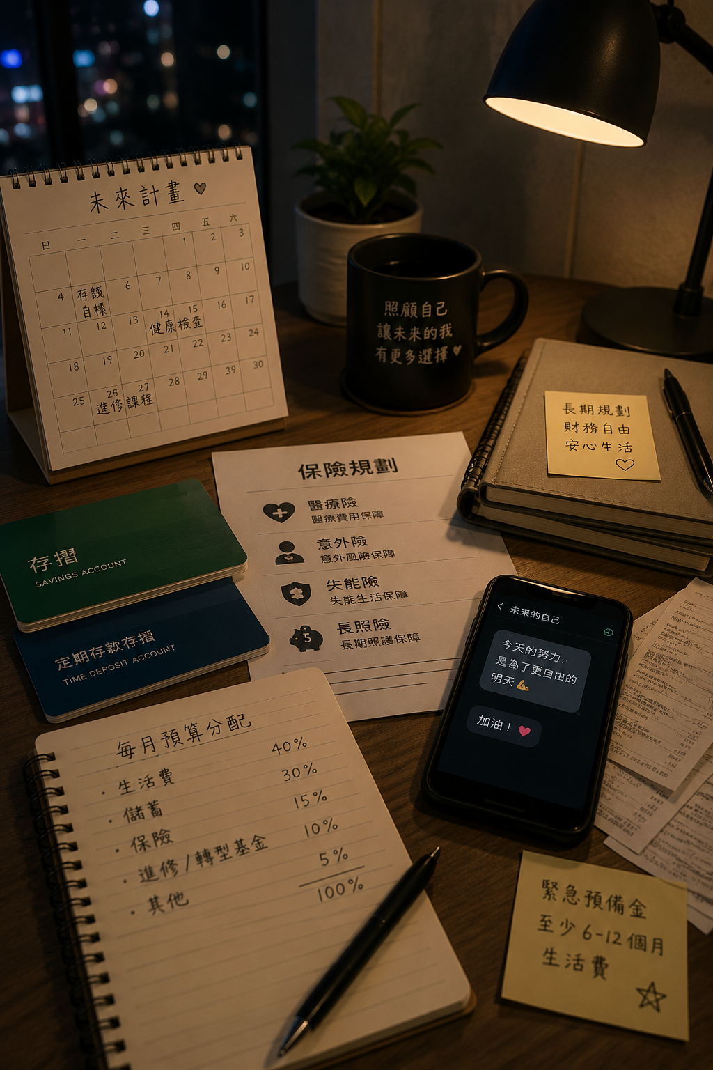 夜間桌面上有筆記本、保險文件、存款計畫、計算機與手機提醒,象徵定點茶與外送茶從業者面對收入波動、退休準備、健康保障與長期生活規劃