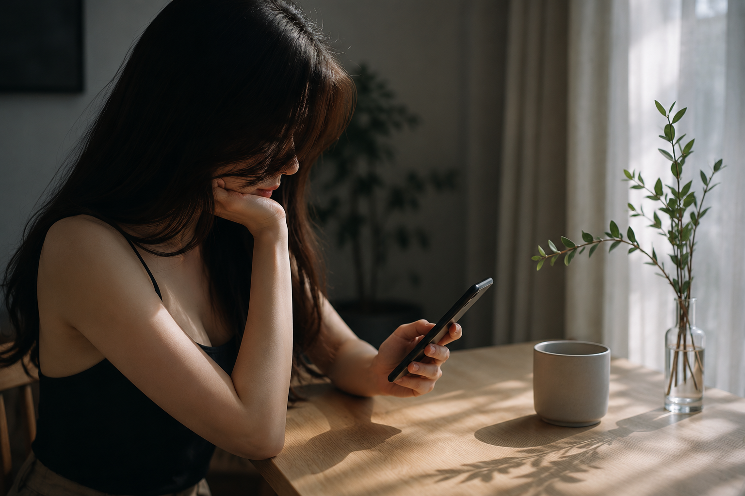 女性在安靜室內查看手機,象徵定點茶資訊被網路討論時需重視歧視言論、隱私保護與平台審核