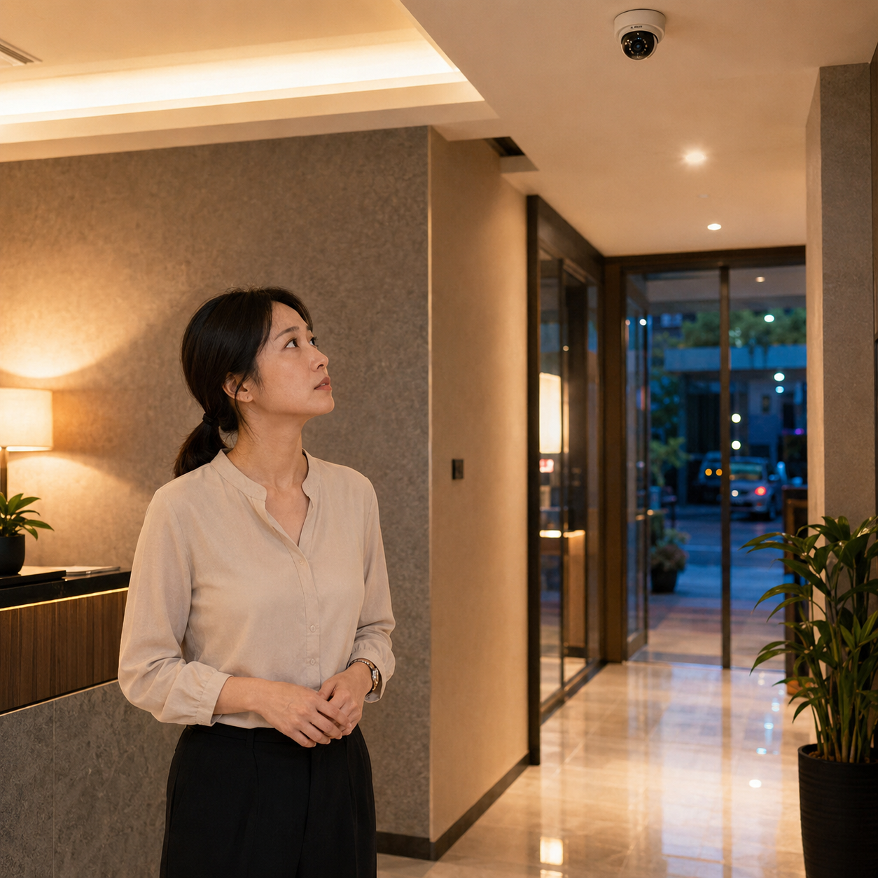 以定點茶場所的公共走廊與接待區為背景,成年工作者抬頭注意天花板上的監視器,呈現安全管理與隱私保障之間的衝突。畫面透過定點茶工作者、公共動線及監控設備的配置,說明攝影範圍應限於出入口與公共區域,不應延伸至休息、更衣或其他高度私密空間。