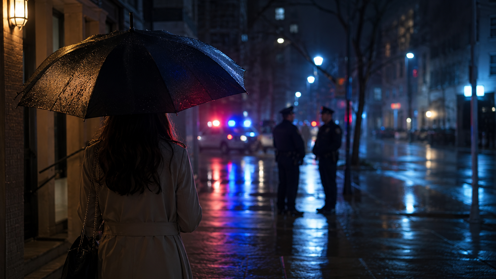 雨夜城市街道中女性撐傘站在路旁,遠方有模糊警示燈與警方身影,呈現定點茶與外送茶法律風險、警方互動、隱私保護與安全界線的觀察情境。