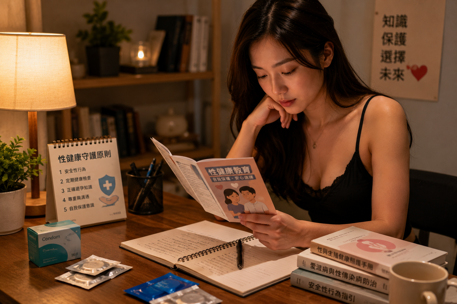 夜晚室內女性在柔和燈光下整理筆記與手機資訊,呈現外送茶與定點茶安排前重視性健康教育、安全知識、隱私保護與尊重界線的情境