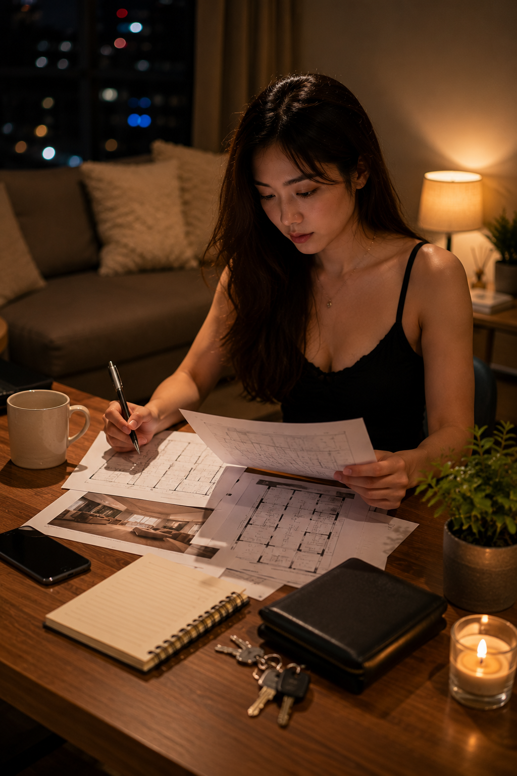 夜晚室內女性在桌前查看房屋平面資料與文件,呈現定點茶場域涉及租屋代管、轉租風險、租賃用途確認與安全界線判斷的情境