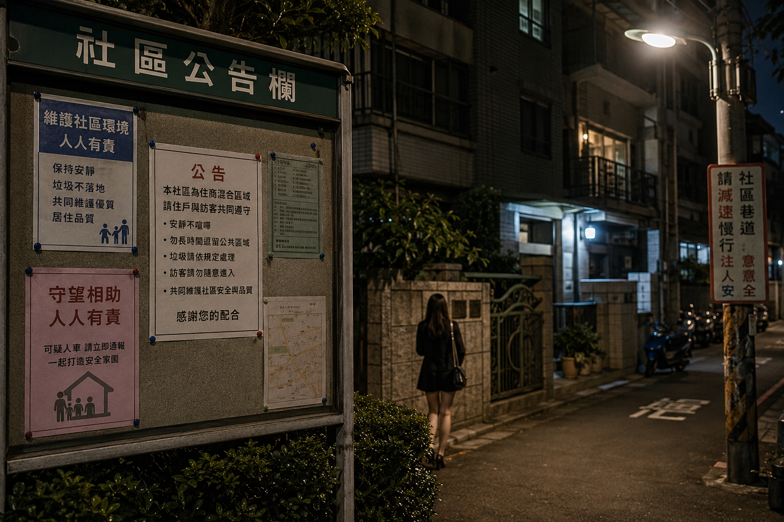夜晚住宅巷弄中的社區公告欄與女性背影,呈現定點茶女與地方社區協會之間關於隱私安全、鄰里秩序與共存界線的觀察情境