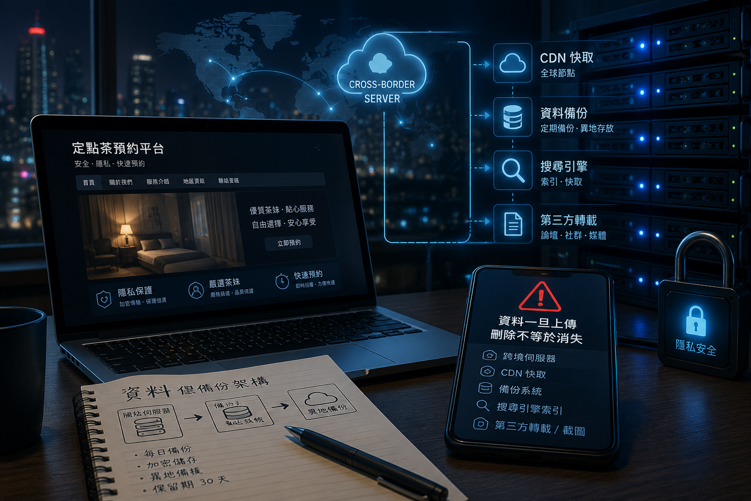 夜晚辦公桌上的伺服器畫面、資料備份圖示與城市網路節點,呈現定點茶站跨境伺服器、CDN 快取、資料刪除困難與隱私安全風險
