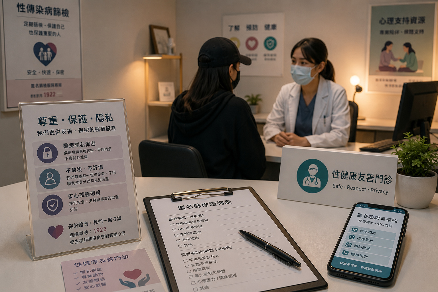 安靜診間中醫療諮詢表、匿名篩檢提示與手機預約畫面,呈現外送茶工作者就醫時對通報、隱私保護與友善醫療服務的安全需求