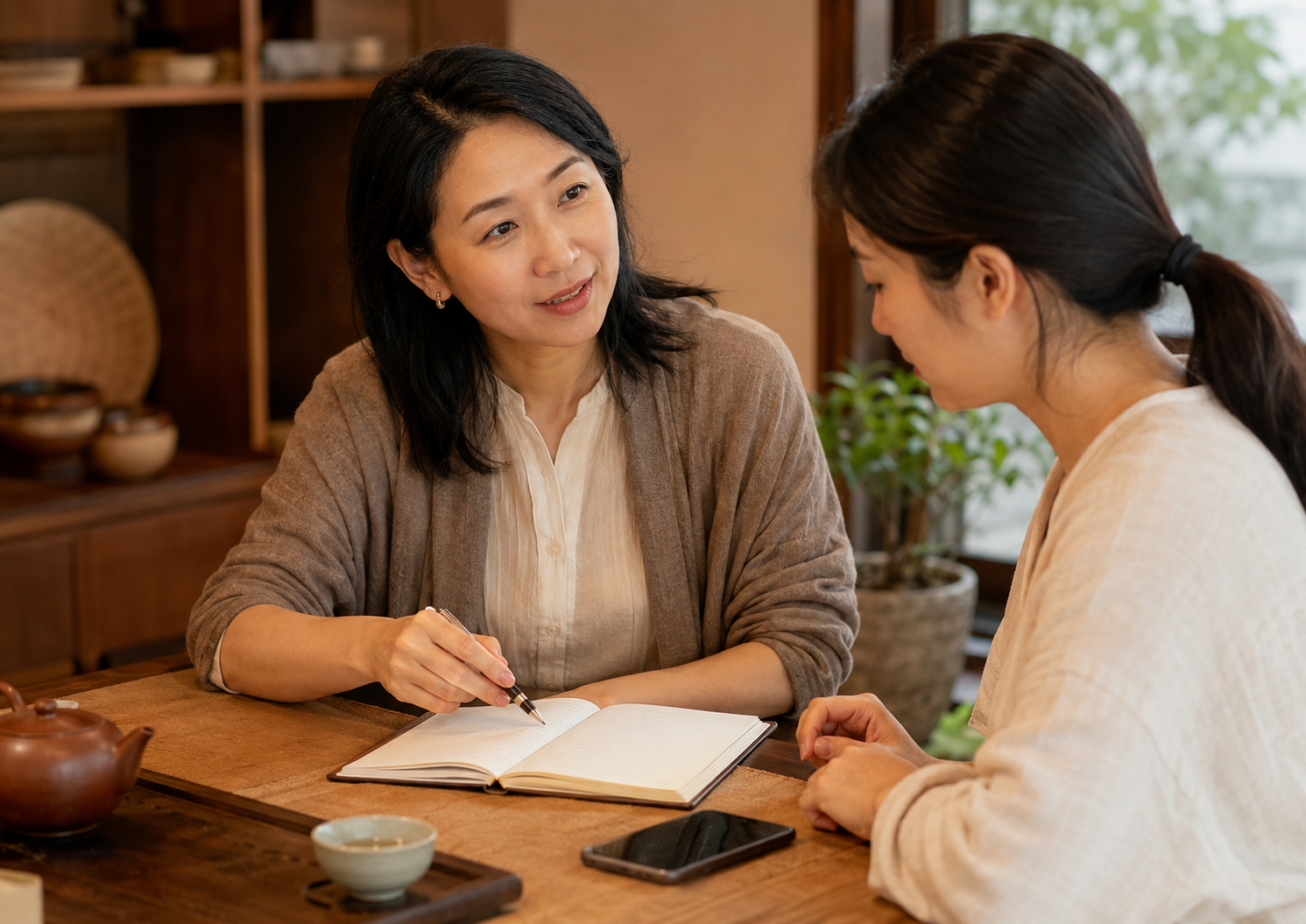 溫馨茶室中,一位成熟女性與年輕女性坐在桌前交談,桌上有筆記本、手機與茶具,呈現半退休定點茶女轉型諮詢顧問,分享第一線經驗並陪伴新手理解安全界線與溝通判斷的情境。