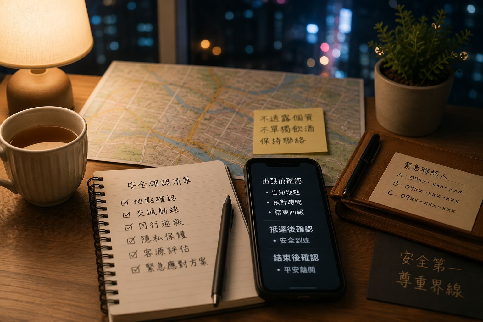 夜晚室內桌面上放著手機、筆記本、城市地圖、茶杯與聯絡紀錄,呈現外送茶工作者在出發前進行地點確認、同行通報、隱私保護與安全防護檢查的情境。