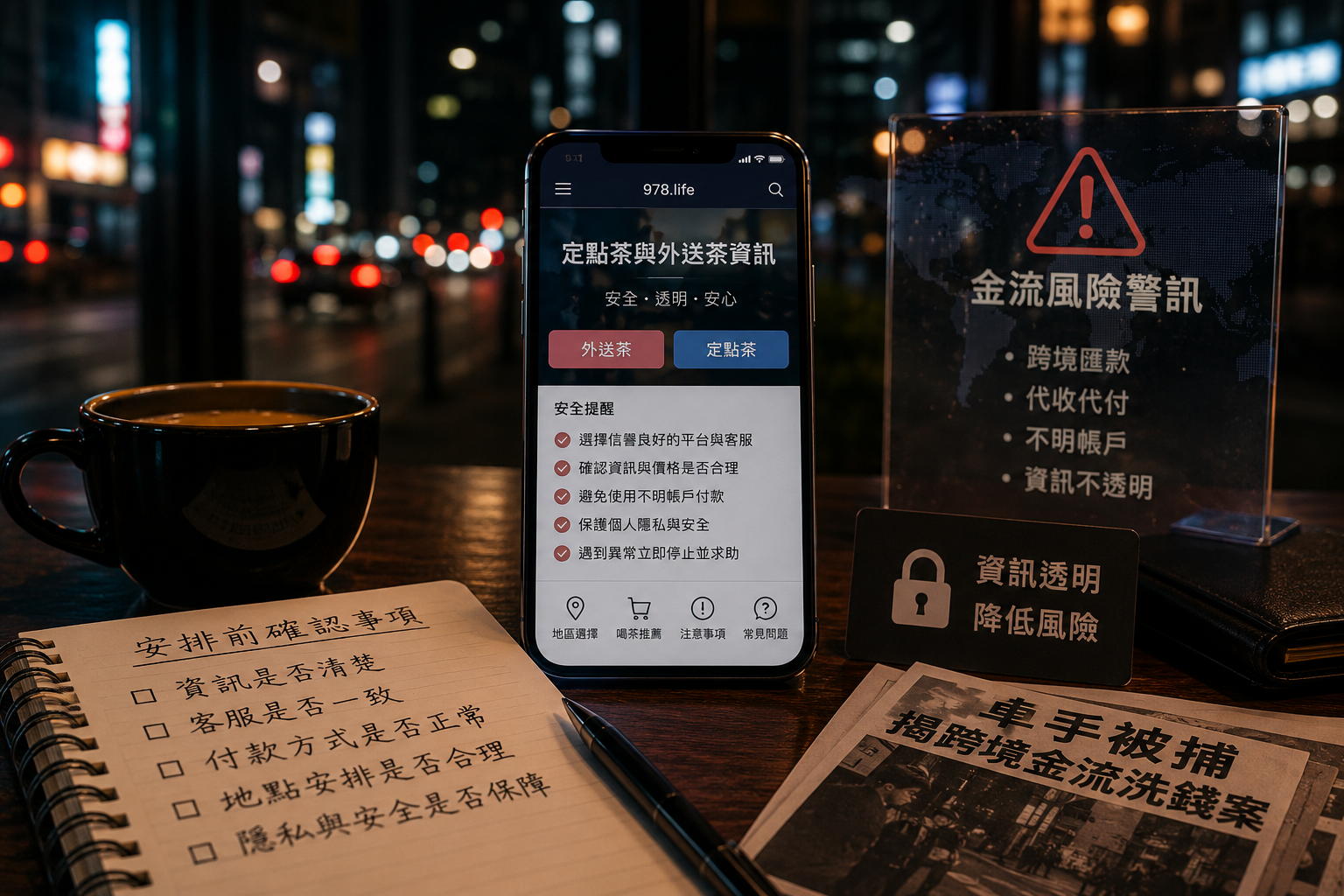 夜晚城市桌面上使用手機查詢資訊,呈現定點茶與外送茶金流風險、跨境洗錢警訊與安全判斷情境