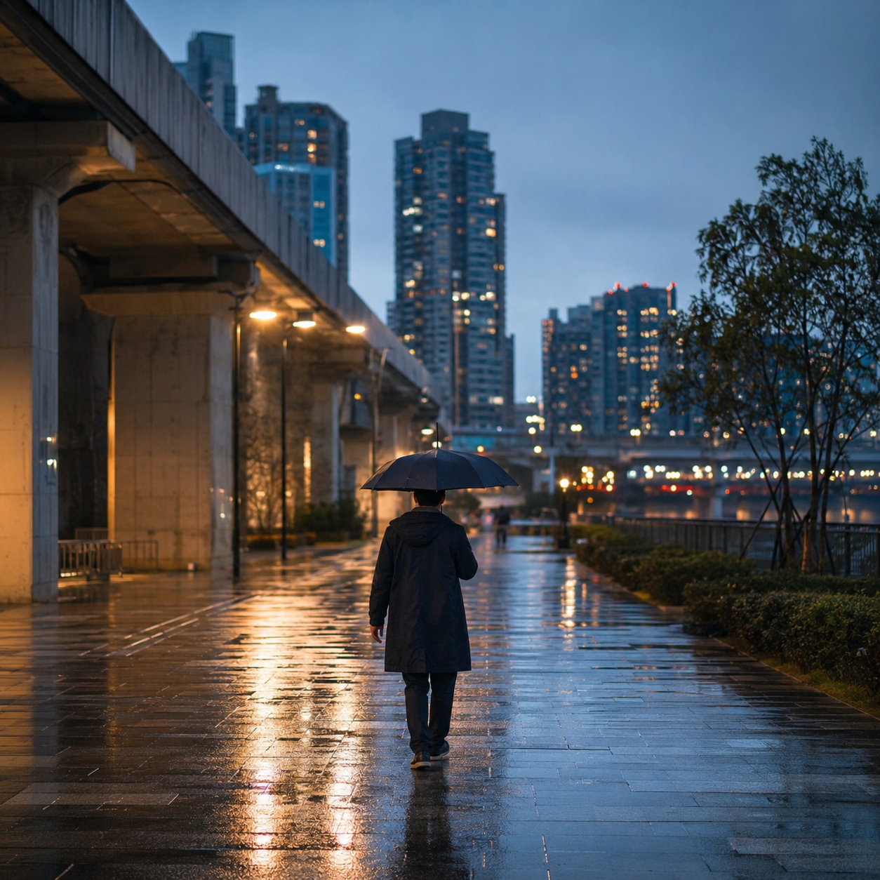雨後傍晚的新北市河岸人行道,一名不露臉的成人撐傘行走,背景為模糊住宅大樓與高架橋