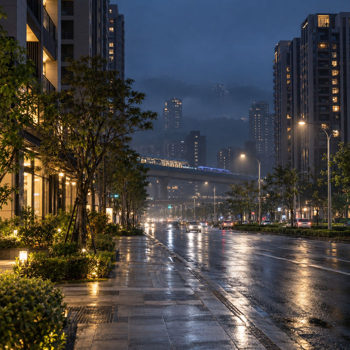 新北林口區雨後夜間道路與捷運住宅生活圈,代表林口外送茶與林口定點茶區域觀察