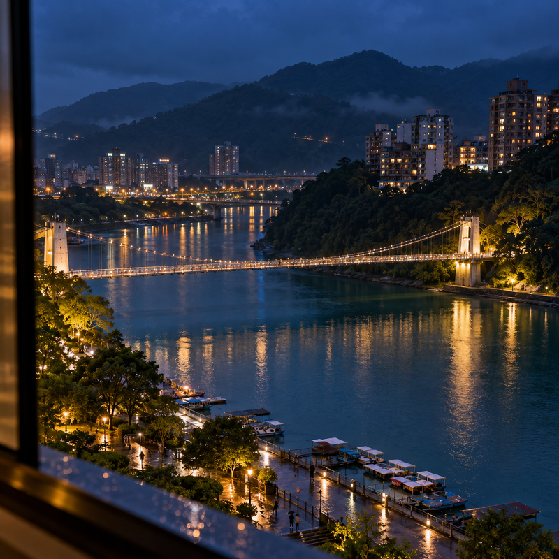 從室內窗景俯瞰新店碧潭夜色，吊橋暖光映照河面，遠方山景、住宅燈火與城市道路相互交織，呈現新店外送茶與新店定點茶議題筆記所強調的區域辨識、夜間交通及住宿安排。寫實攝影風格的新北市新店區夜景，以碧潭吊橋、新店溪、河岸步道及山坡住宅為主要元素。冷色夜空與暖色燈光形成平衡，傳達查找新店外送茶、新店定點茶及新北外送茶資訊時，應先理解生活圈、確認地點並重視夜間安全的文章核心。