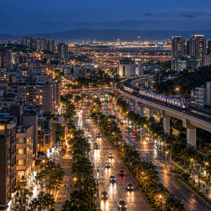 桃園區八德區龜山區蘆竹區夜間道路與捷運景觀,呈現桃園外送茶及定點茶跨區生活圈