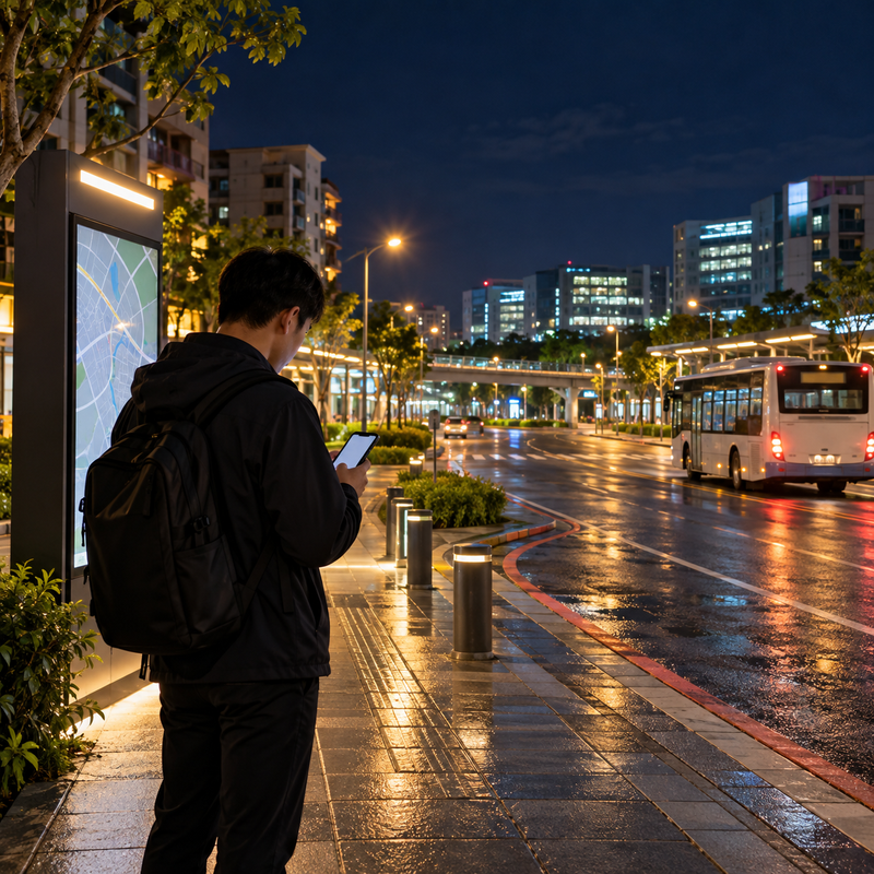 台南善化與新市南科生活圈的雨後夜間道路、巴士、城市建築與查看手機的成年人,呈現外送茶與定點茶風險觀察意象。