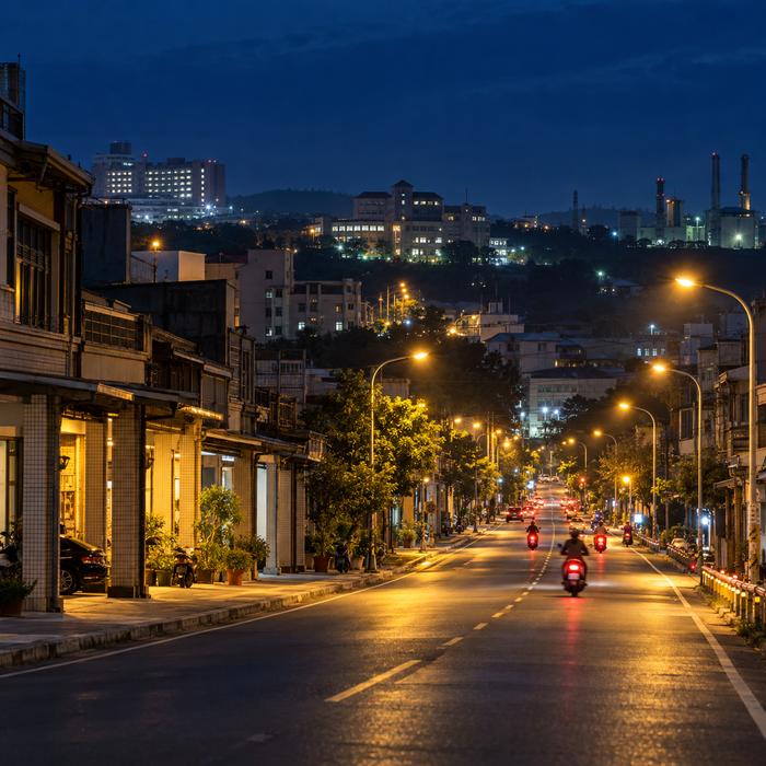 一張從民雄中山路機車道取景的夜間寫實照片,畫面有暖黃路燈、民雄市區街屋、中正大學校園建築輪廓,以及大林慈濟醫院與民雄工業區兩個方向的天際線,適合作為嘉義外送茶與民雄、大林定點茶議題筆記的配圖。