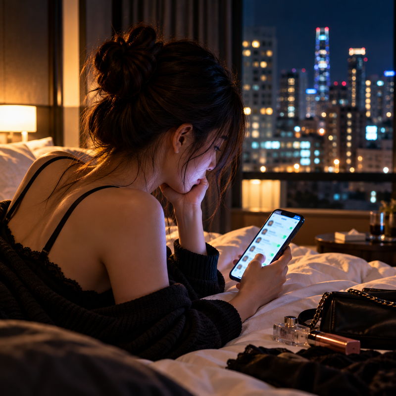 約炮與約砲數位關係主題圖片,女子夜間坐在房間內查看手機訊息,窗外是城市燈光,呈現已讀不回、上線狀態、聊天紀錄與關係期待所造成的沉默、猜測與不確定感。