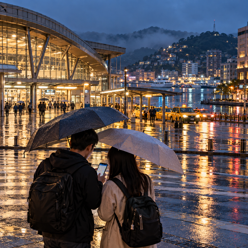 基隆雨夜車站與港灣旁，兩名撐傘旅客查看地圖，呈現外送茶與定點茶跨區資訊核對及資料保護概念。