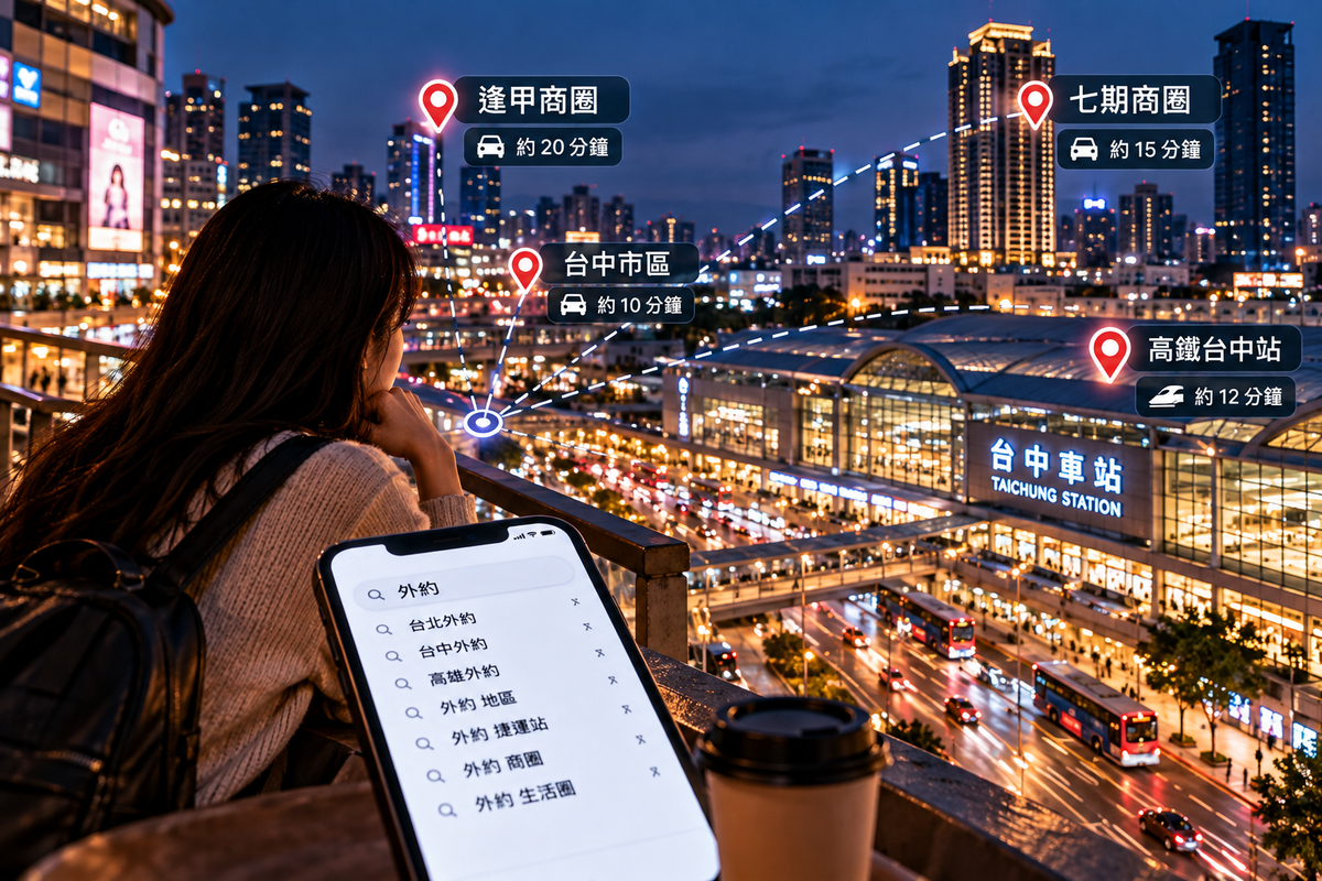 外約與城市生活圈主題圖片,夜間台中城市景觀中呈現台中車站、高鐵台中站、七期與逢甲商圈等交通節點,搭配手機搜尋外約與移動路線,說明外約搜尋如何結合地區、城市距離、交通時間與生活圈概念。