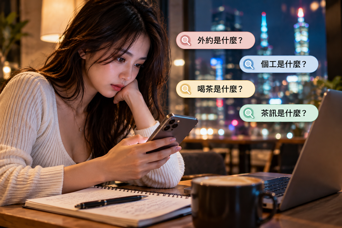 使用手機查詢外約、個工、喝茶、茶訊等常見網路用語與相關資訊的夜間情境