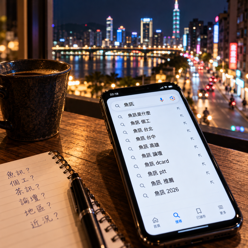 魚訊網路用語主題圖片,手機搜尋框輸入「魚訊」後出現魚訊是什麼、魚訊個工、魚訊台北、魚訊台中、魚訊高雄與魚訊論壇等相關搜尋詞,搭配夜間城市背景與筆記內容,呈現魚訊如何從早期論壇黑話逐漸轉入個工、地區搜尋與現代網路語境。