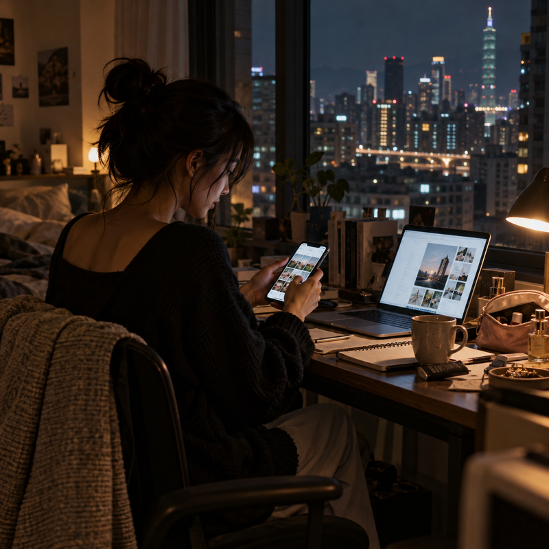 台北夜景窗邊的個人工作者同時使用手機與筆電經營工作帳號，呈現台北個工在社群日常、數位身分與私人生活之間逐漸模糊的界線