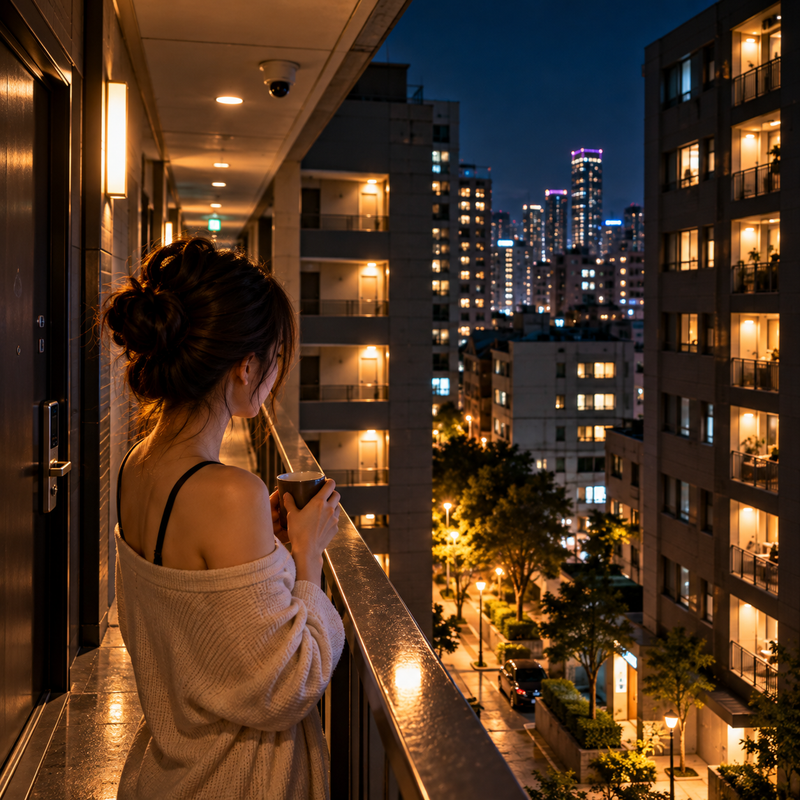 定點茶城市聲音主題圖片,女子夜間站在高樓住宅走廊望向鄰近大樓與城市燈火,呈現集合住宅、走廊腳步、鄰居作息、隔音與私人空間界線在高密度都市中的交錯。