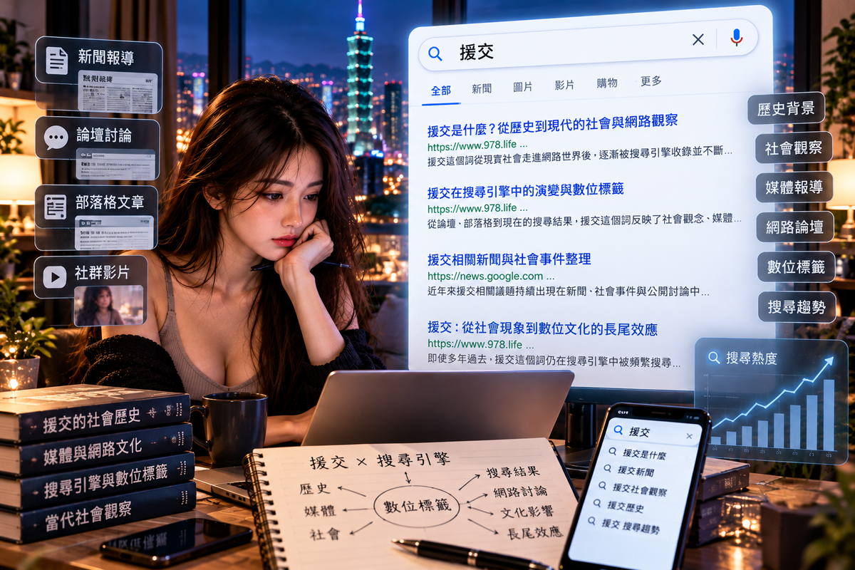 援交搜尋引擎主題圖片,女子夜間查看筆電與搜尋結果,畫面結合新聞報導、論壇討論、部落格文章、社群影片、搜尋趨勢與數位標籤,呈現援交這個詞如何在搜尋引擎中被持續保存、重新連結並形成長期網路標籤。
