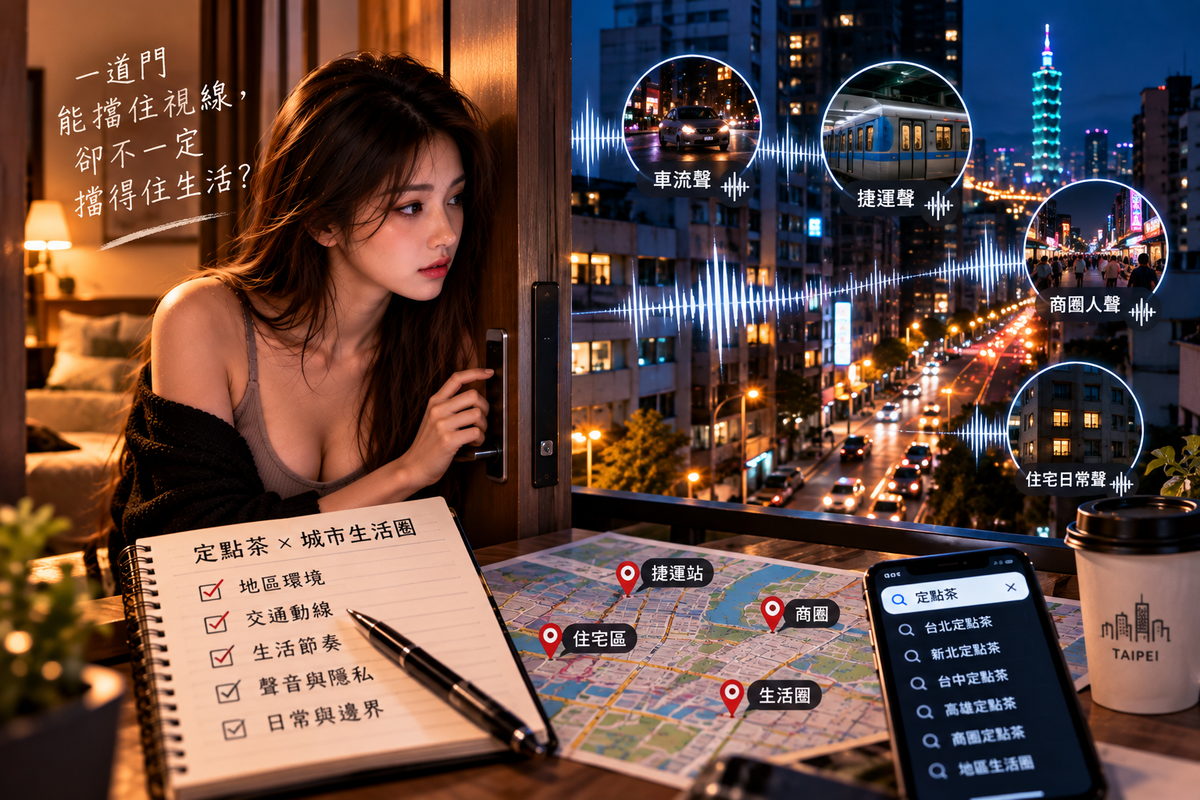定點茶與城市聲音主題圖片，女子夜間從室內門邊望向城市街景，畫面結合車流聲、捷運聲、商圈人聲、住宅日常聲與生活圈地圖，呈現一道門雖能遮住視線，卻無法完全隔絕城市聲音、生活節奏與公共私人邊界。