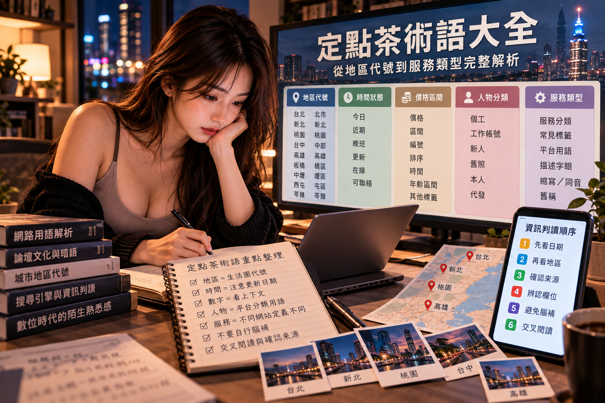 定點茶術語整理主題圖片，女子夜間查看筆記、地圖與資訊分類畫面，內容涵蓋地區代號、時間狀態、價格區間、人物分類與服務類型，呈現如何從日期、來源與平台語境判讀定點茶相關網路用語。