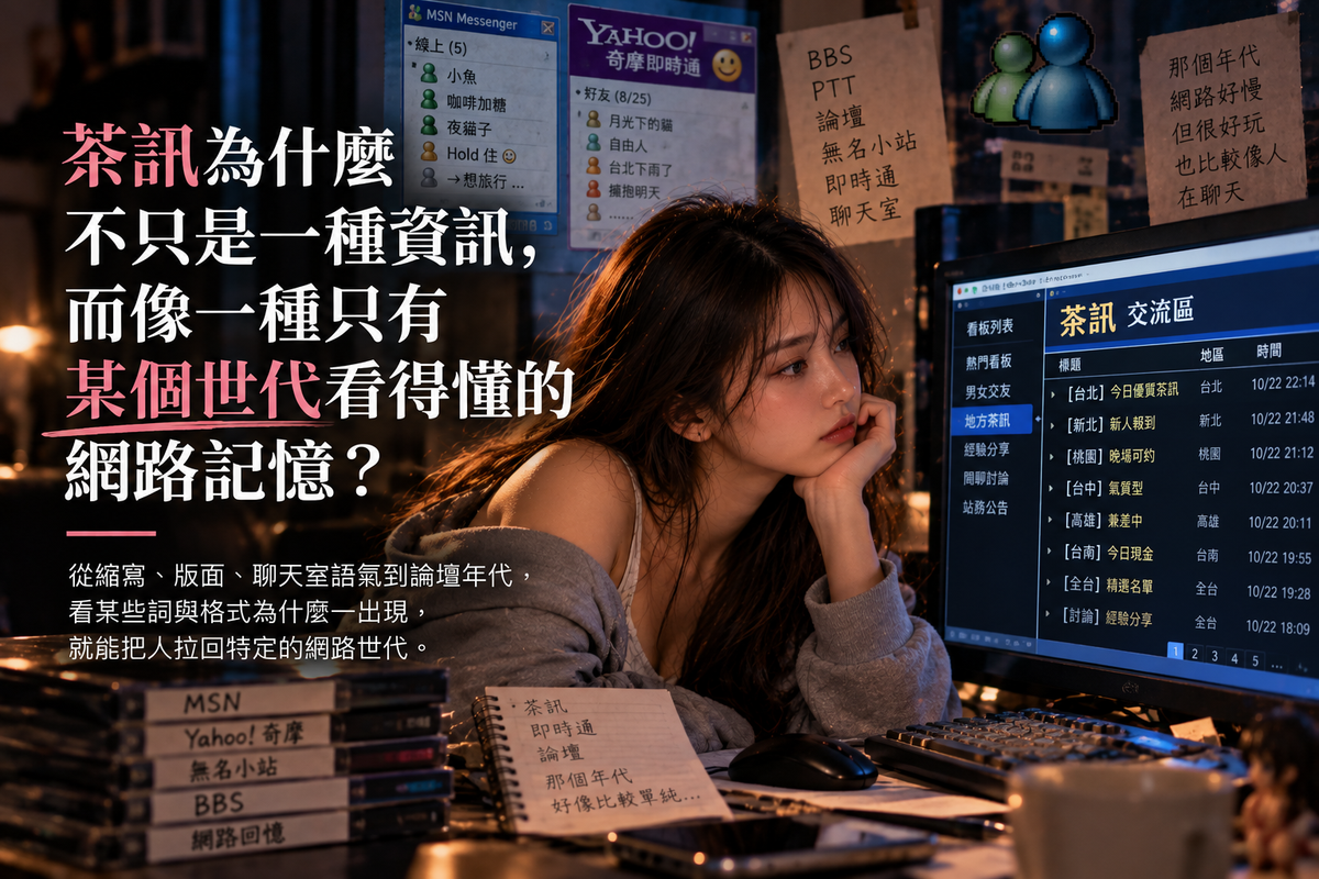 茶訊網路文化主題圖片，呈現 BBS 論壇、聊天室、即時通、Google 搜尋與手機社群等不同網路世代，說明茶訊如何從網路暗語演變成跨世代的數位文化與集體記憶。