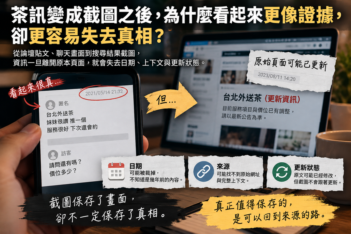 茶訊截圖資訊判讀主題圖片，手機畫面顯示舊論壇貼文與日期，背景電腦呈現可能已更新的原始頁面，搭配日期、來源與更新狀態提醒，說明截圖雖能保存當下畫面，卻可能失去上下文、原始網址與最新資訊。