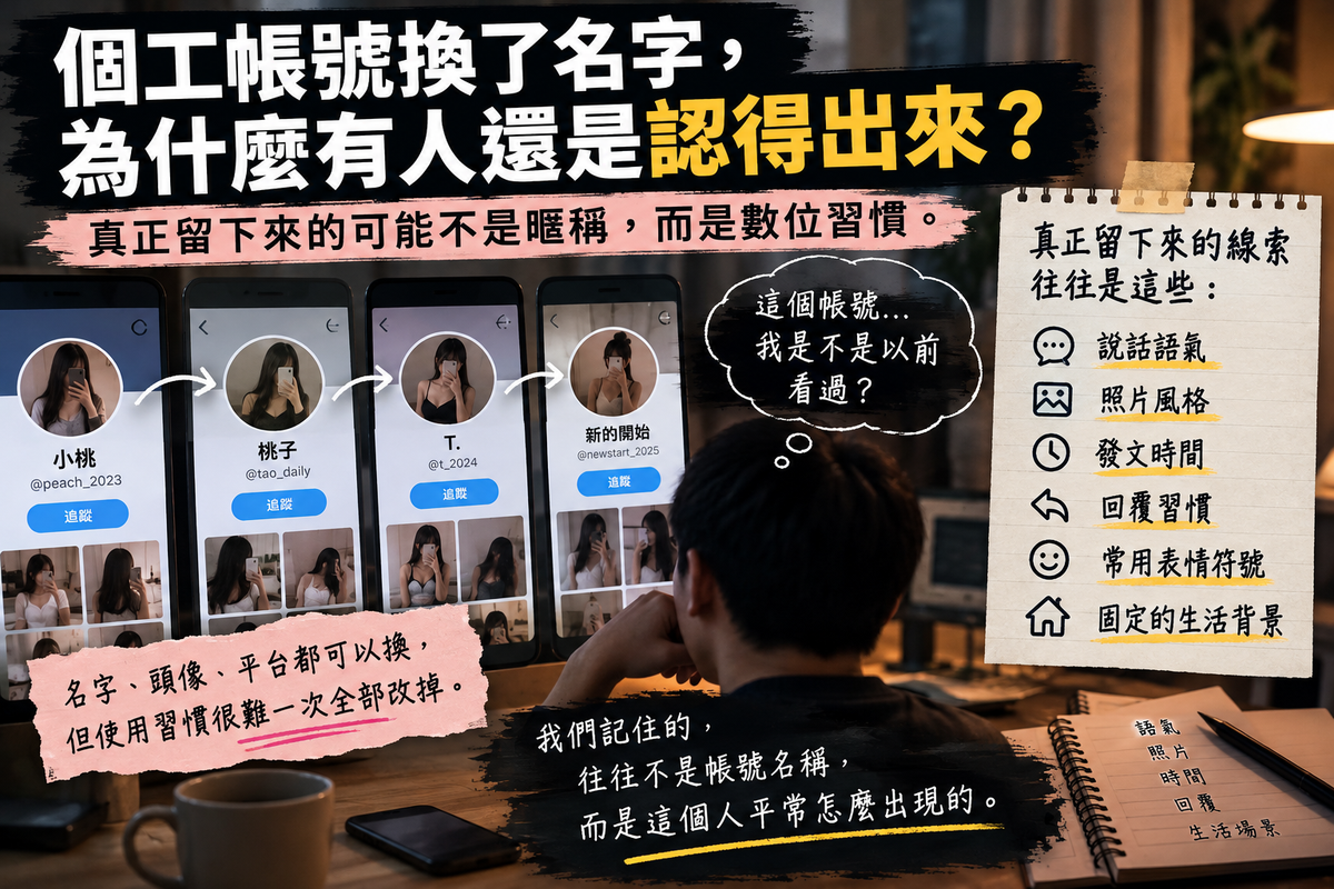 個工帳號更名與數位身分主題圖片，畫面呈現不同名稱與頭像的社群帳號，以及說話語氣、照片風格、發文時間、回覆習慣、常用表情符號與固定生活背景等辨識線索，說明帳號可以改名，但長期累積的數位習慣仍可能讓人產生熟悉感。