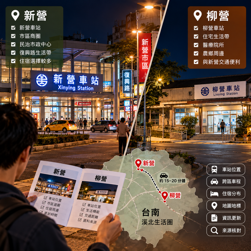 台南外送茶與新營、柳營定點茶新營車站、市區商圈與柳營住宅農鄉生活圈夜間對照景觀
