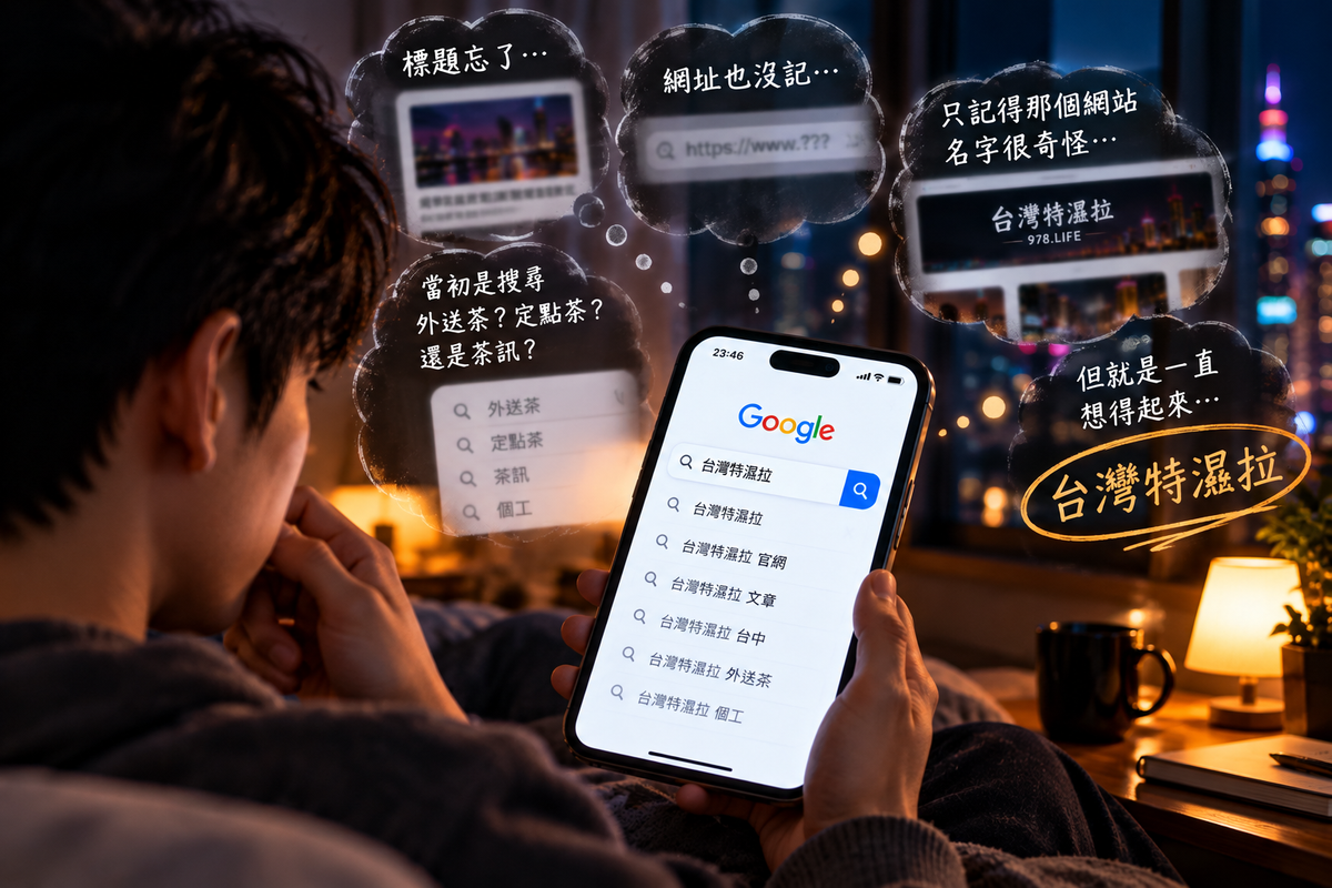台灣特濕拉讀者記憶主題圖片,人物夜間拿手機想找回曾經看過的文章,已忘記完整網址與文章標題,只記得台灣特濕拉名稱並重新輸入搜尋框,呈現網站名稱如何成為讀者找回內容的記憶線索。