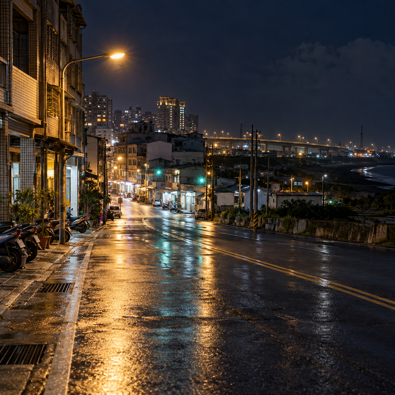 苗栗外送茶與定點茶分區導覽用夜間街道寫實圖片，呈現頭份與苑裡的夜間照明與空間氛圍差異