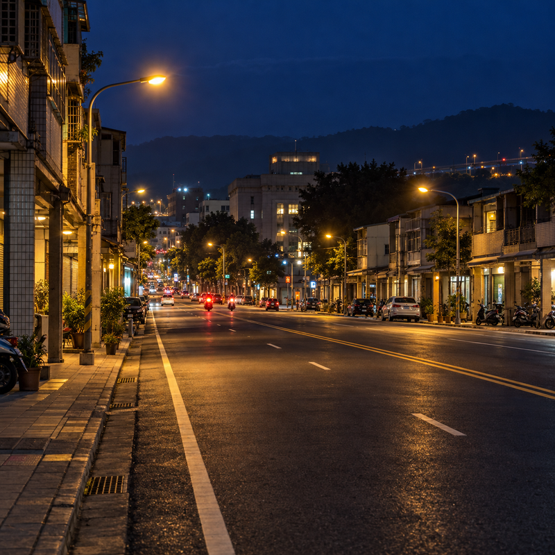 一張從草屯中正路機車道取景的夜間寫實照片,畫面有暖黃路燈、草屯市區街屋、鎮公所輪廓,以及中投公路與草屯交流道兩個方向的天際線,適合作為南投外送茶與草屯定點茶主題導覽的配圖。