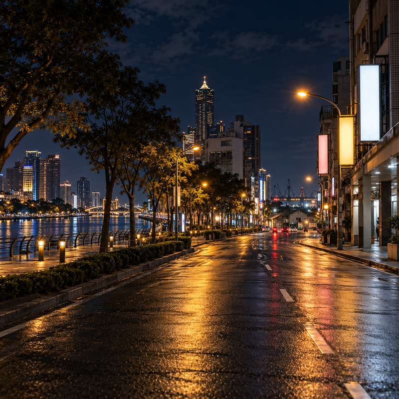 一張從新興區中山一路機車道取景的夜間寫實照片，畫面有暖黃路燈、新興區街屋、六合夜市招牌燈光，以及前金區愛河沿岸與鹽埕區駁二藝術特區兩個方向的天際線，適合作為高雄外送茶與新興、前金、苓雅、鹽埕定點茶在地議題整理的配圖。