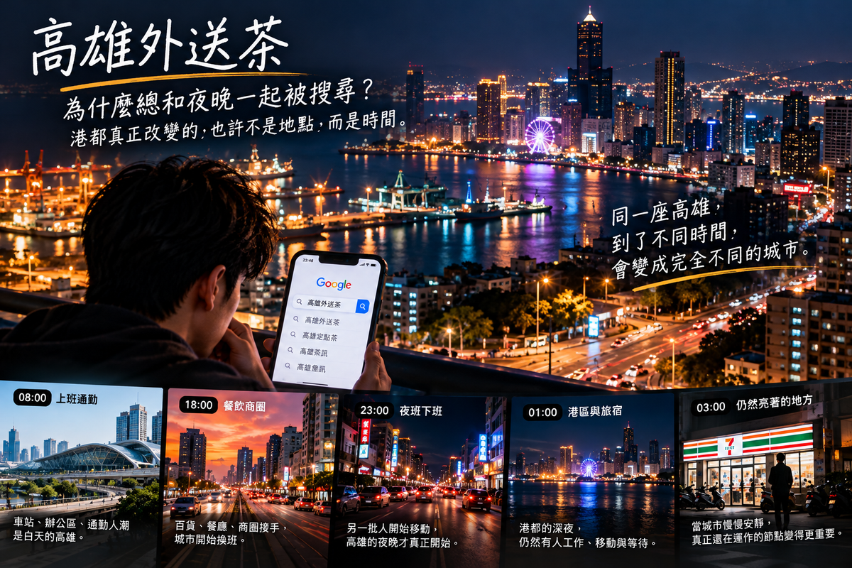 高雄外送茶夜間城市主題圖片,畫面呈現高雄港區、車站、商圈與深夜道路燈光,搭配晚班下班、便利商店與夜間交通情境,表現同一座高雄如何因時間不同形成不同生活圈與城市距離。